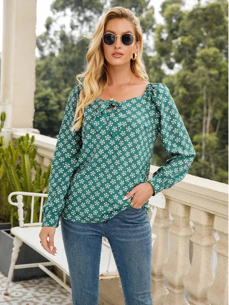 Women's Summer Fashion Square Collar Hollow Shirt Unbuttoned Long Sleeve Loose Casual Printed Top for Casual Wear