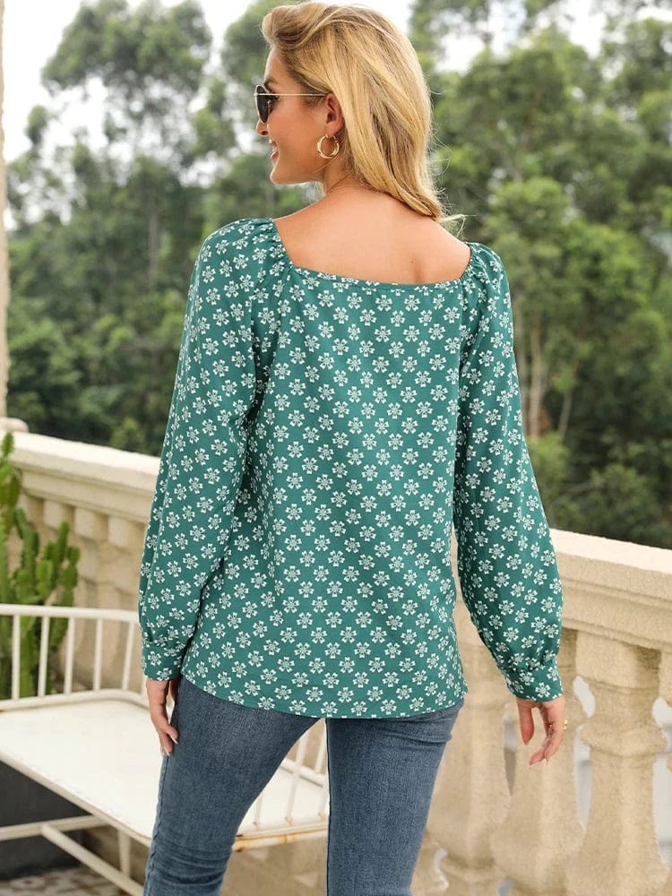 Women's Summer Fashion Square Collar Hollow Shirt Unbuttoned Long Sleeve Loose Casual Printed Top for Casual Wear