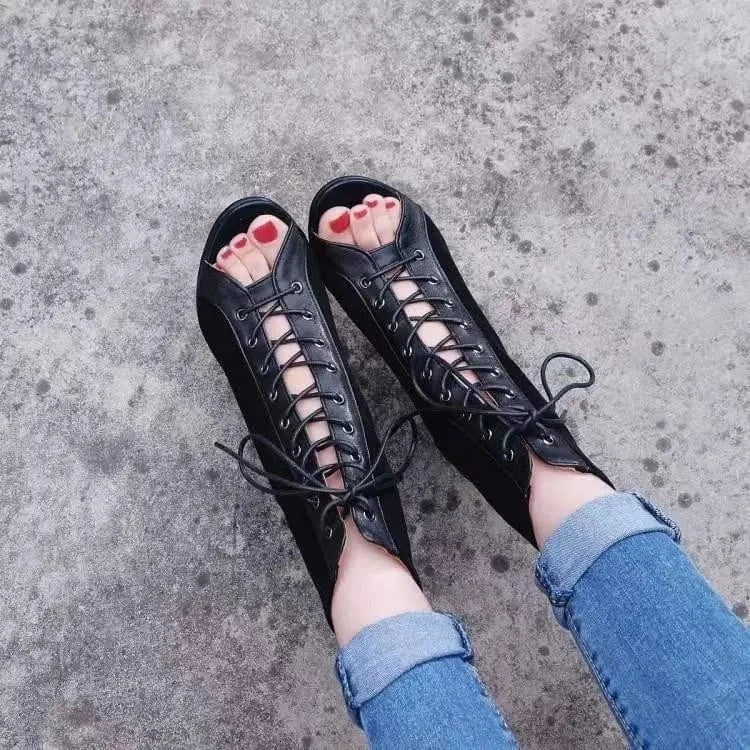 Women's Summer Lace-up Hollow-out Ankle Boots Stiletto Heel Dancing Shoes Large Size Open Toe Sandals