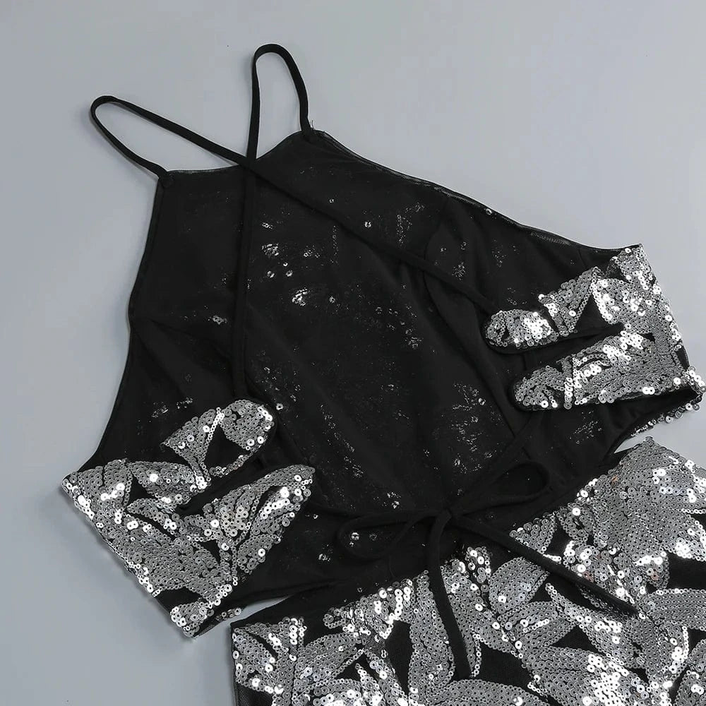 Women's Summer New Casual O-Neck Dress Sexy Skirt Hem Slit Hollow Backless Lace-up Fashion Sequins Loose Dress Evening Party