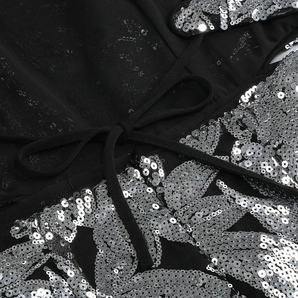 Women's Summer New Casual O-Neck Dress Sexy Skirt Hem Slit Hollow Backless Lace-up Fashion Sequins Loose Dress Evening Party