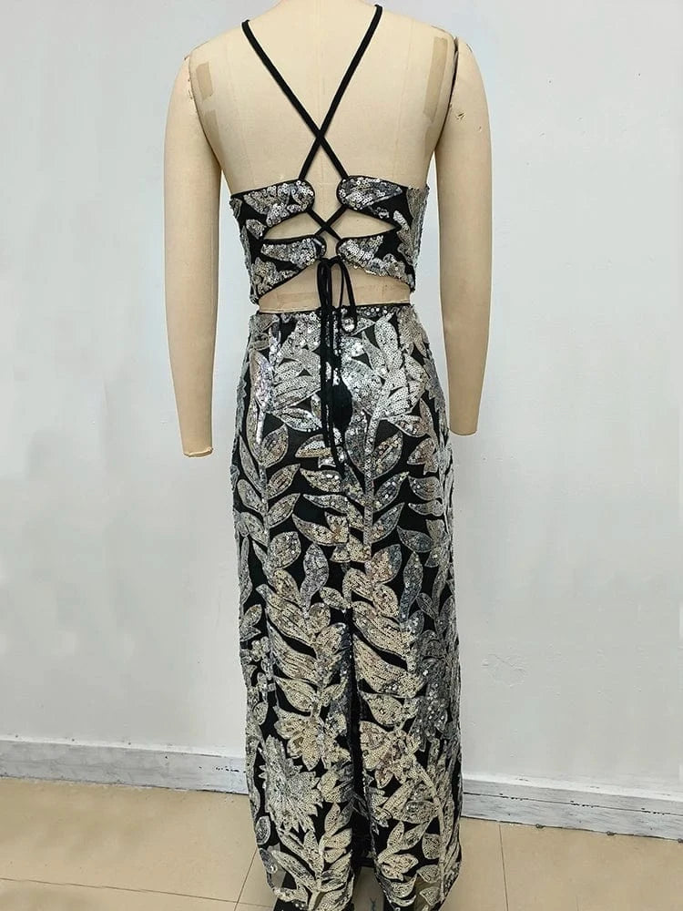 Women's Summer New Casual O-Neck Dress Sexy Skirt Hem Slit Hollow Backless Lace-up Fashion Sequins Loose Dress Evening Party