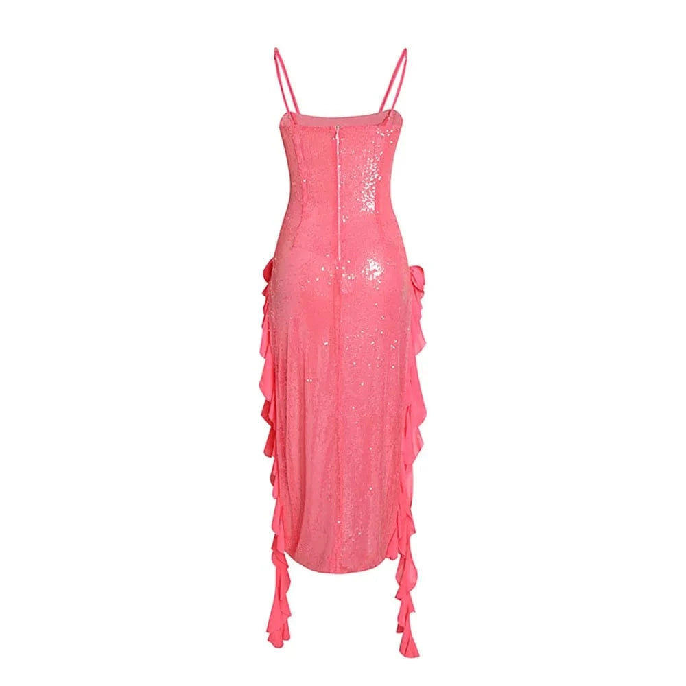 Women's Summer Sexy Long Evening Party Dress Sequined Dress Three-Dimensional Ruffle Flower Slip Slit Ground Length Dress