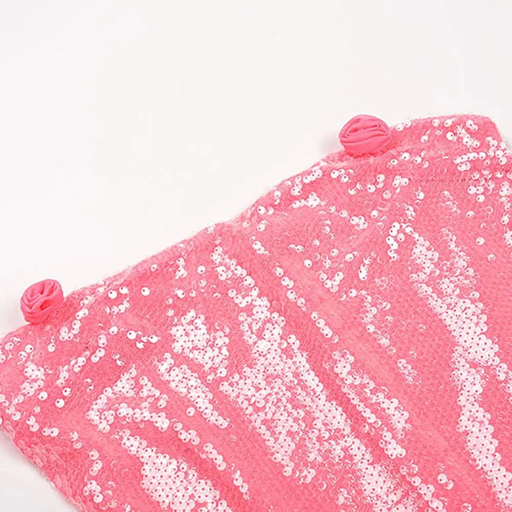 Women's Summer Sexy Long Evening Party Dress Sequined Dress Three-Dimensional Ruffle Flower Slip Slit Ground Length Dress