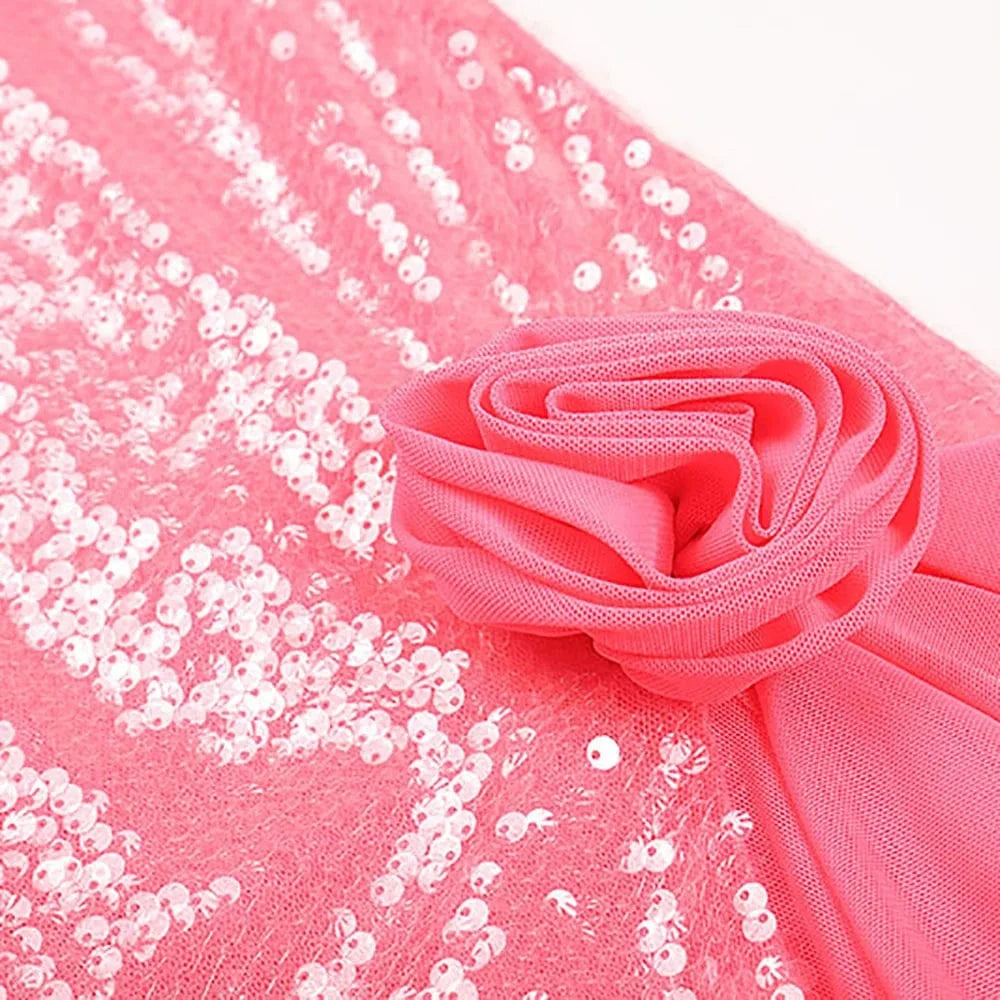 Women's Summer Sexy Long Evening Party Dress Sequined Dress Three-Dimensional Ruffle Flower Slip Slit Ground Length Dress