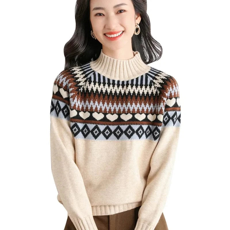 Women's Sweaters 2024 Winter New Women Sweater Half High Neck Thickened Loose Retro Color Block Knitted Bottom