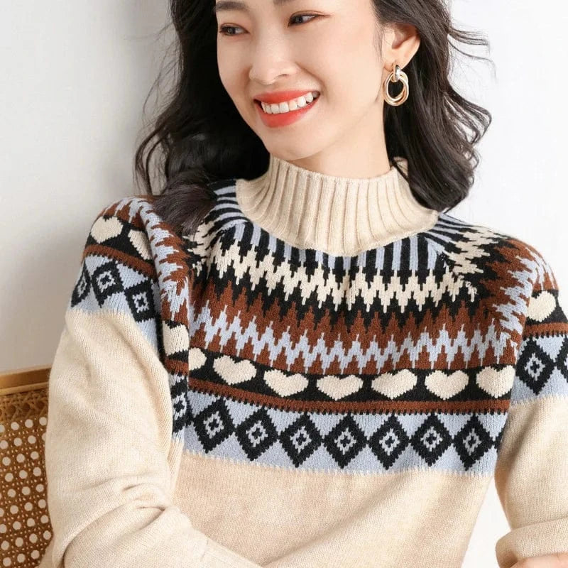 Women's Sweaters 2024 Winter New Women Sweater Half High Neck Thickened Loose Retro Color Block Knitted Bottom