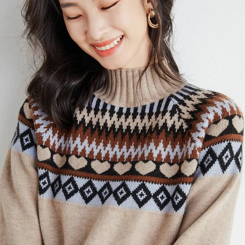 Women's Sweaters 2024 Winter New Women Sweater Half High Neck Thickened Loose Retro Color Block Knitted Bottom