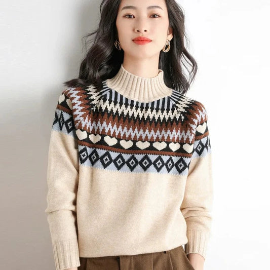 Women's Sweaters 2024 Winter New Women Sweater Half High Neck Thickened Loose Retro Color Block Knitted Bottom