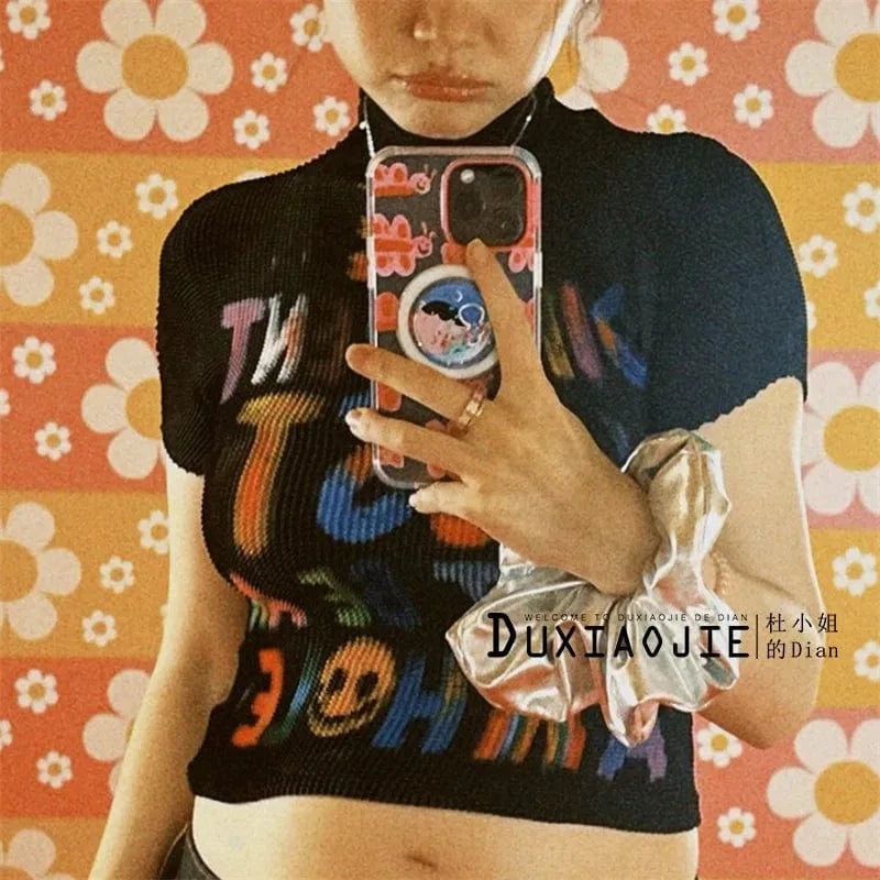 Women's T-shirt Harajuku Korean Y2k Graphic Print Short Sleeve Tee Top Clothes Fashion Vintage Streetwear Elastic T-shirt 2025