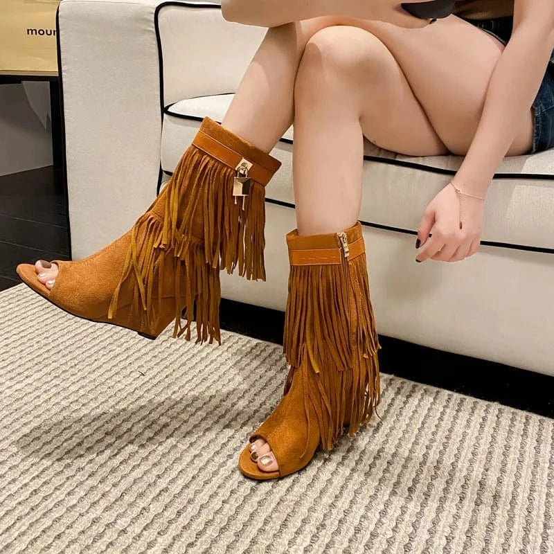 Women's Tassel High wedge Heels Short Booties Summer Peep Toe Ankle Boots Shark Lock Fringes Retro Sandals