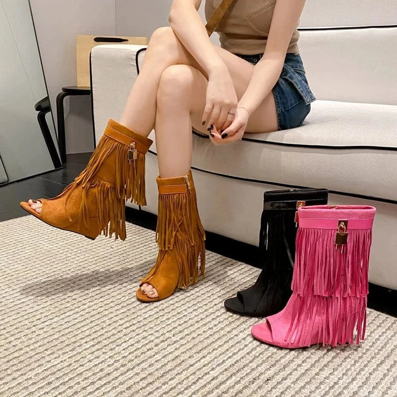 Women's Tassel High wedge Heels Short Booties Summer Peep Toe Ankle Boots Shark Lock Fringes Retro Sandals