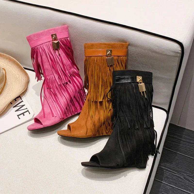 Women's Tassel High wedge Heels Short Booties Summer Peep Toe Ankle Boots Shark Lock Fringes Retro Sandals