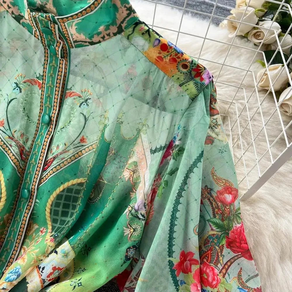 Women's Turtleneck Lantern Sleeve Single Breasted Flower Print Maxi Dress Autumn Bohemian Chiffon Green Belt Holiday Vestidos