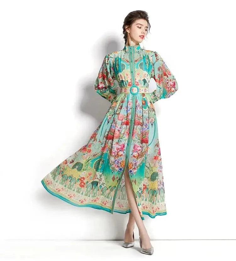Women's Turtleneck Lantern Sleeve Single Breasted Flower Print Maxi Dress Autumn Bohemian Chiffon Green Belt Holiday Vestidos