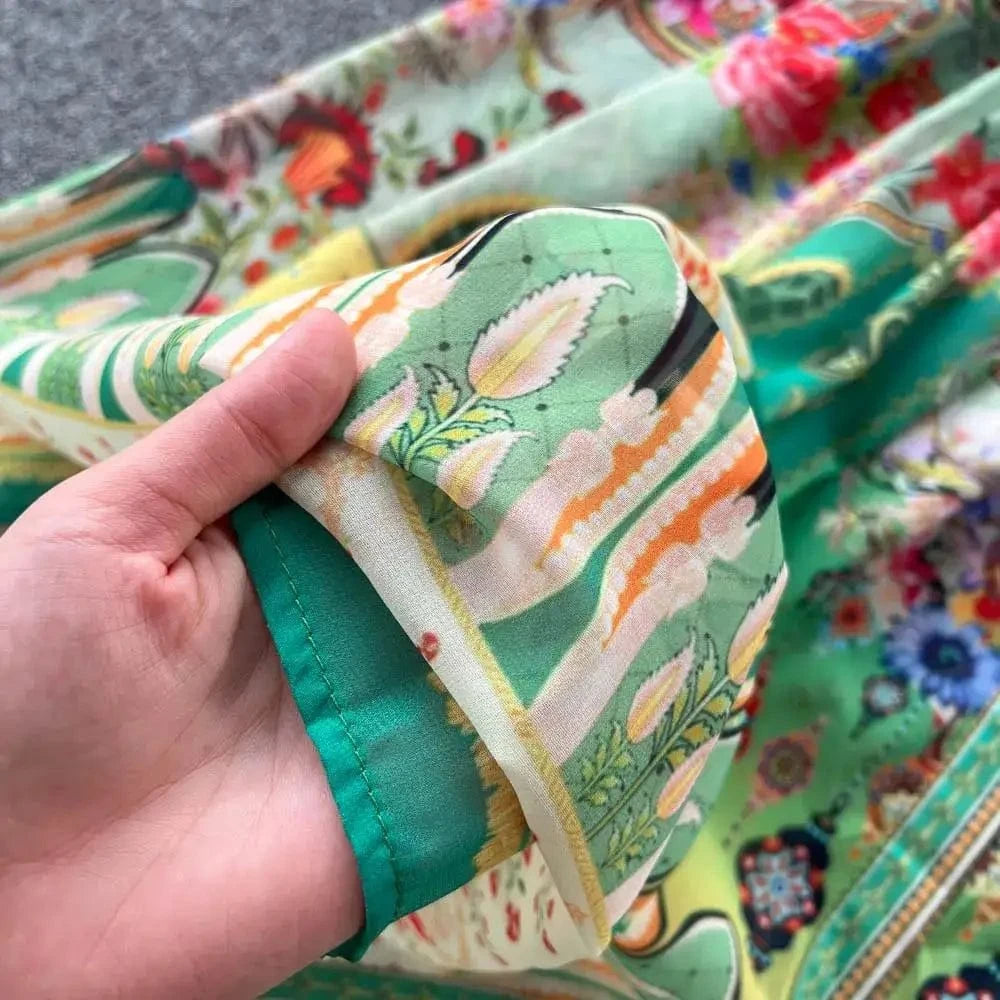Women's Turtleneck Lantern Sleeve Single Breasted Flower Print Maxi Dress Autumn Bohemian Chiffon Green Belt Holiday Vestidos
