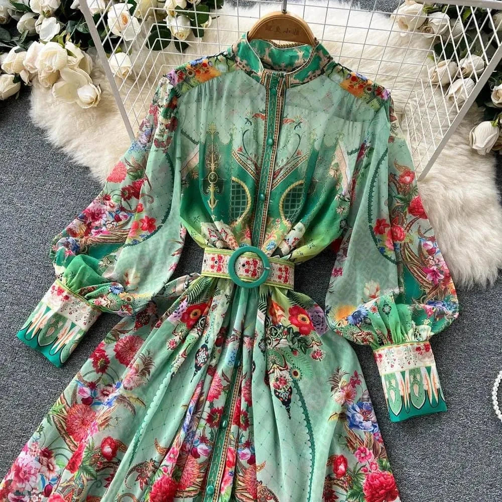 Women's Turtleneck Lantern Sleeve Single Breasted Flower Print Maxi Dress Autumn Bohemian Chiffon Green Belt Holiday Vestidos