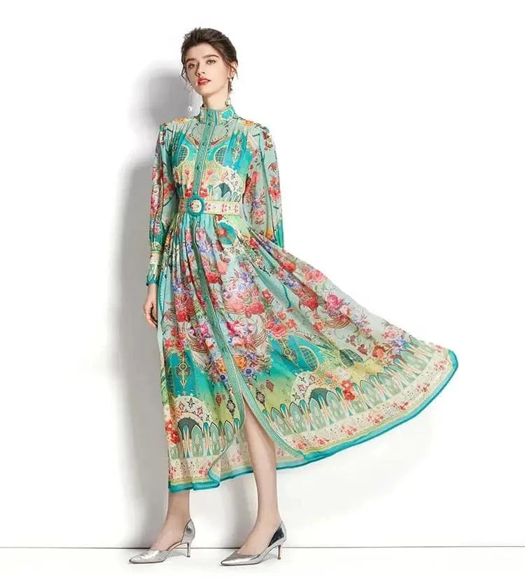 Women's Turtleneck Lantern Sleeve Single Breasted Flower Print Maxi Dress Autumn Bohemian Chiffon Green Belt Holiday Vestidos