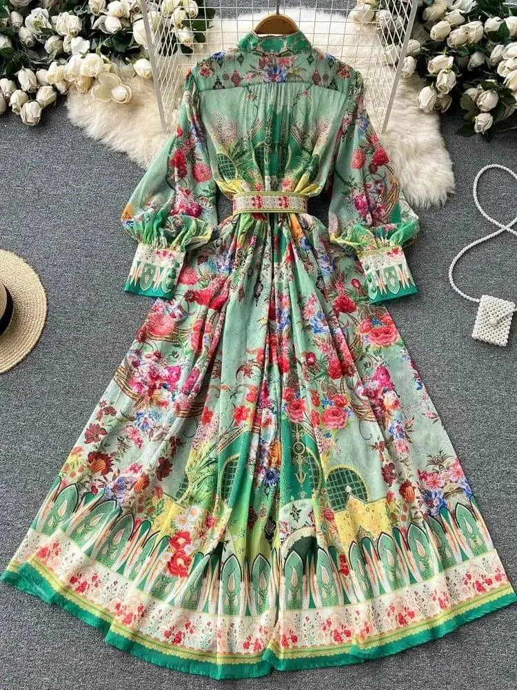 Women's Turtleneck Lantern Sleeve Single Breasted Flower Print Maxi Dress Autumn Bohemian Chiffon Green Belt Holiday Vestidos