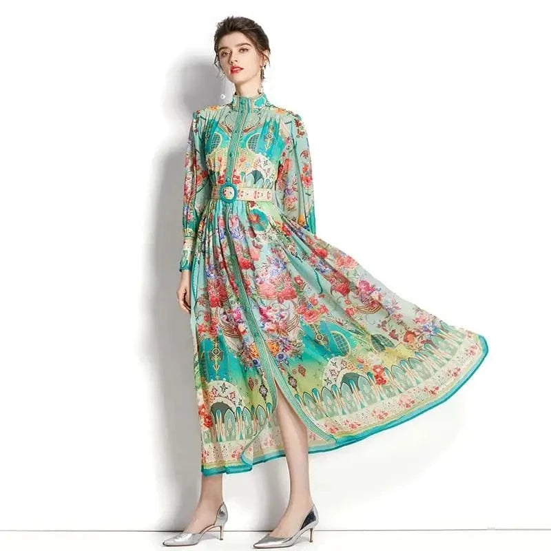 Women's Turtleneck Lantern Sleeve Single Breasted Flower Print Maxi Dress Autumn Bohemian Chiffon Green Belt Holiday Vestidos