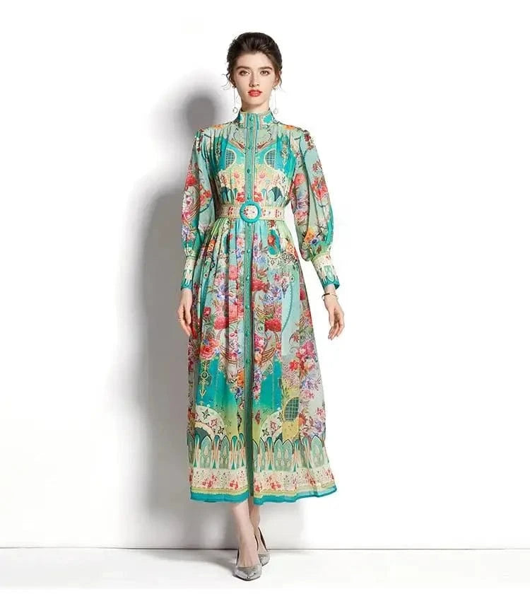 Women's Turtleneck Lantern Sleeve Single Breasted Flower Print Maxi Dress Autumn Bohemian Chiffon Green Belt Holiday Vestidos