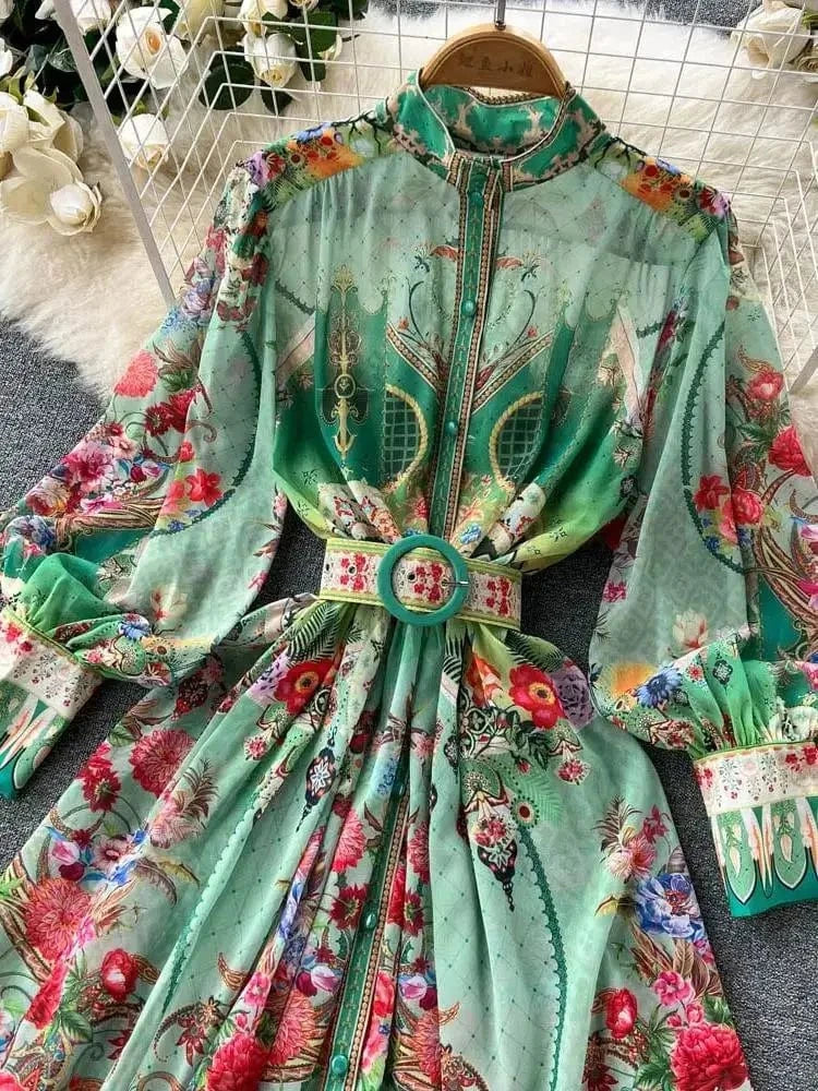 Women's Turtleneck Lantern Sleeve Single Breasted Flower Print Maxi Dress Autumn Bohemian Chiffon Green Belt Holiday Vestidos