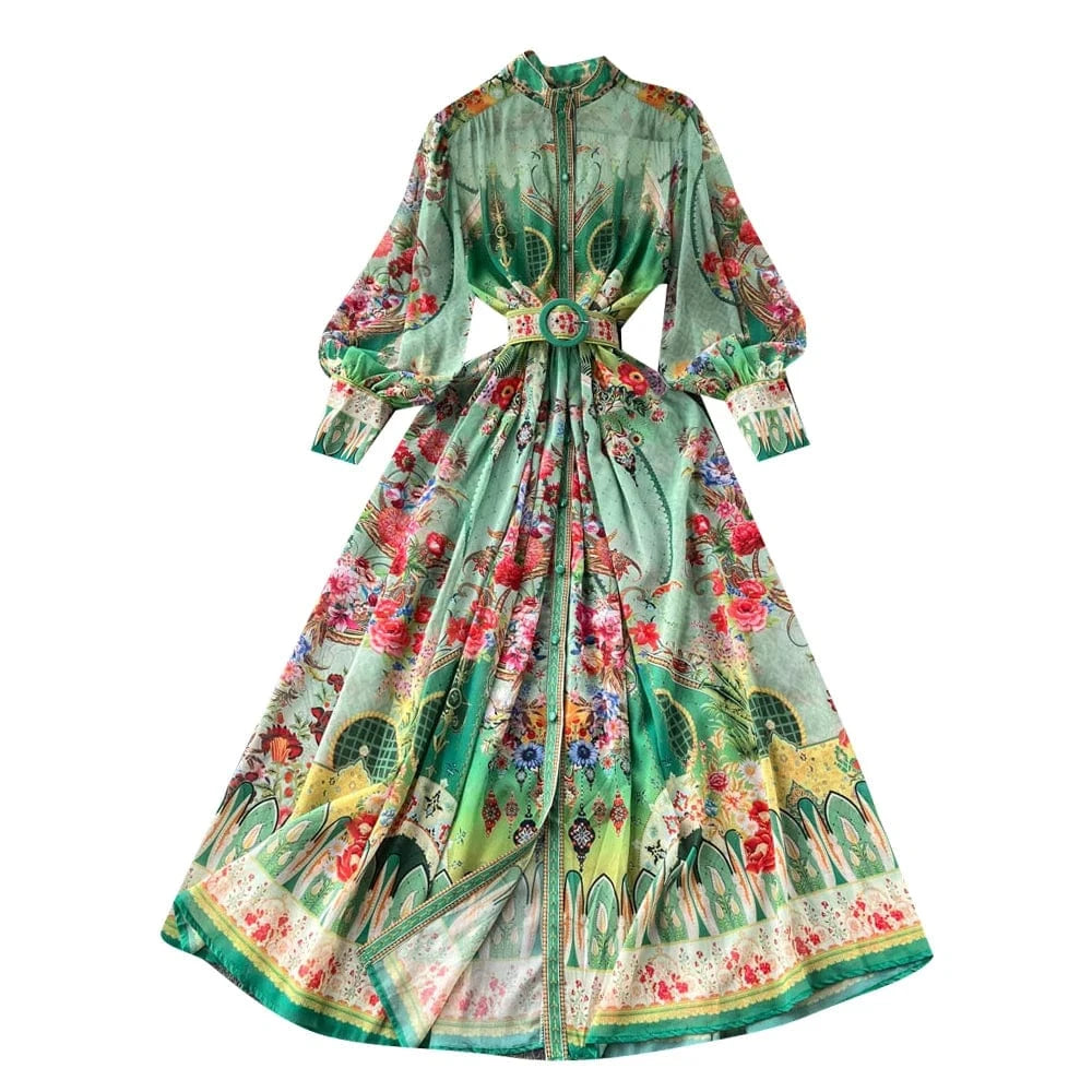 Women's Turtleneck Lantern Sleeve Single Breasted Flower Print Maxi Dress Autumn Bohemian Chiffon Green Belt Holiday Vestidos