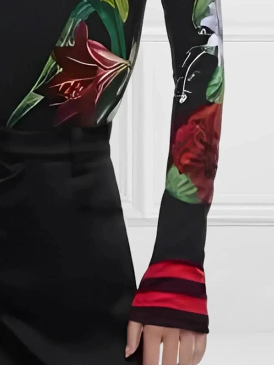 Women's Vintage Floral Printed High Neck Tops 2025 New Fashion Autumn Winter Long Sleeves Casual Skinny Split-Joint T-shirts