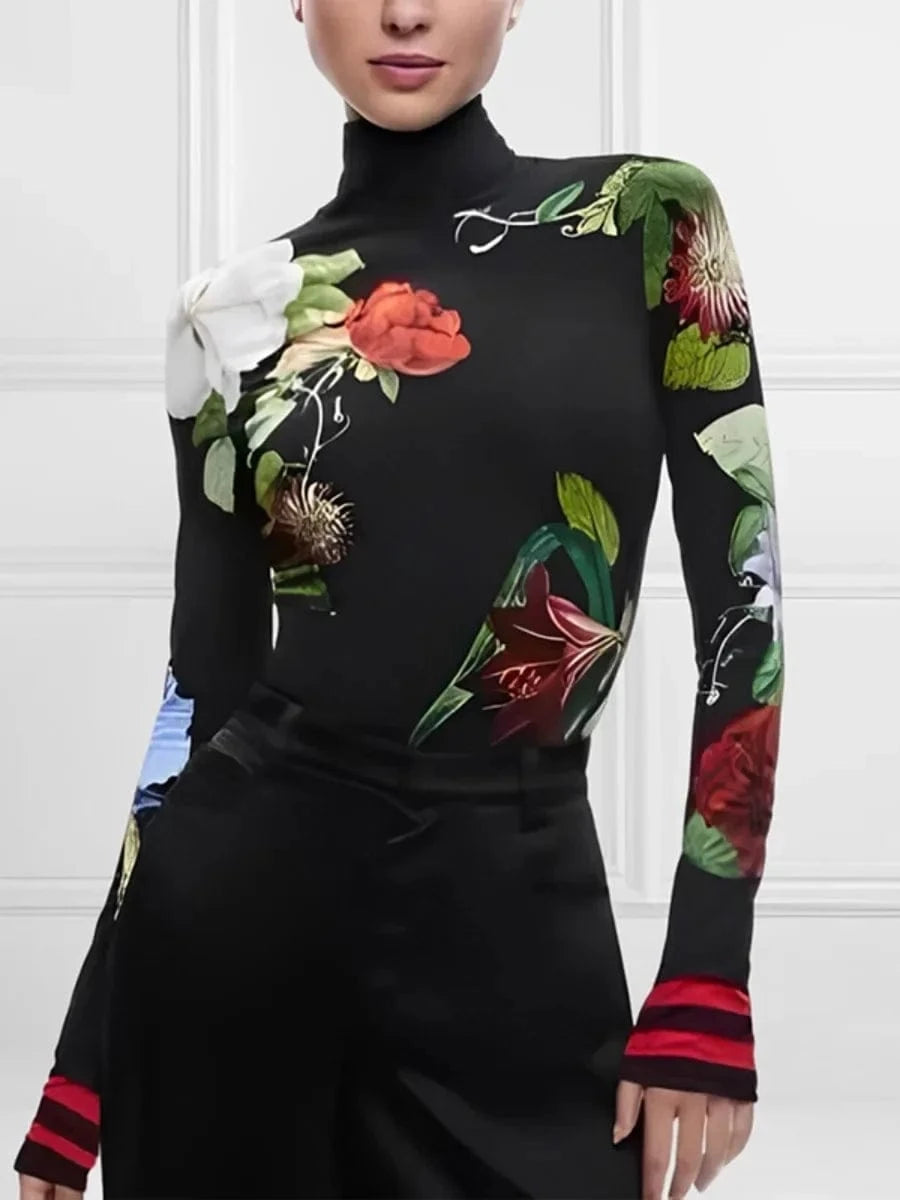 Women's Vintage Floral Printed High Neck Tops 2025 New Fashion Autumn Winter Long Sleeves Casual Skinny Split-Joint T-shirts