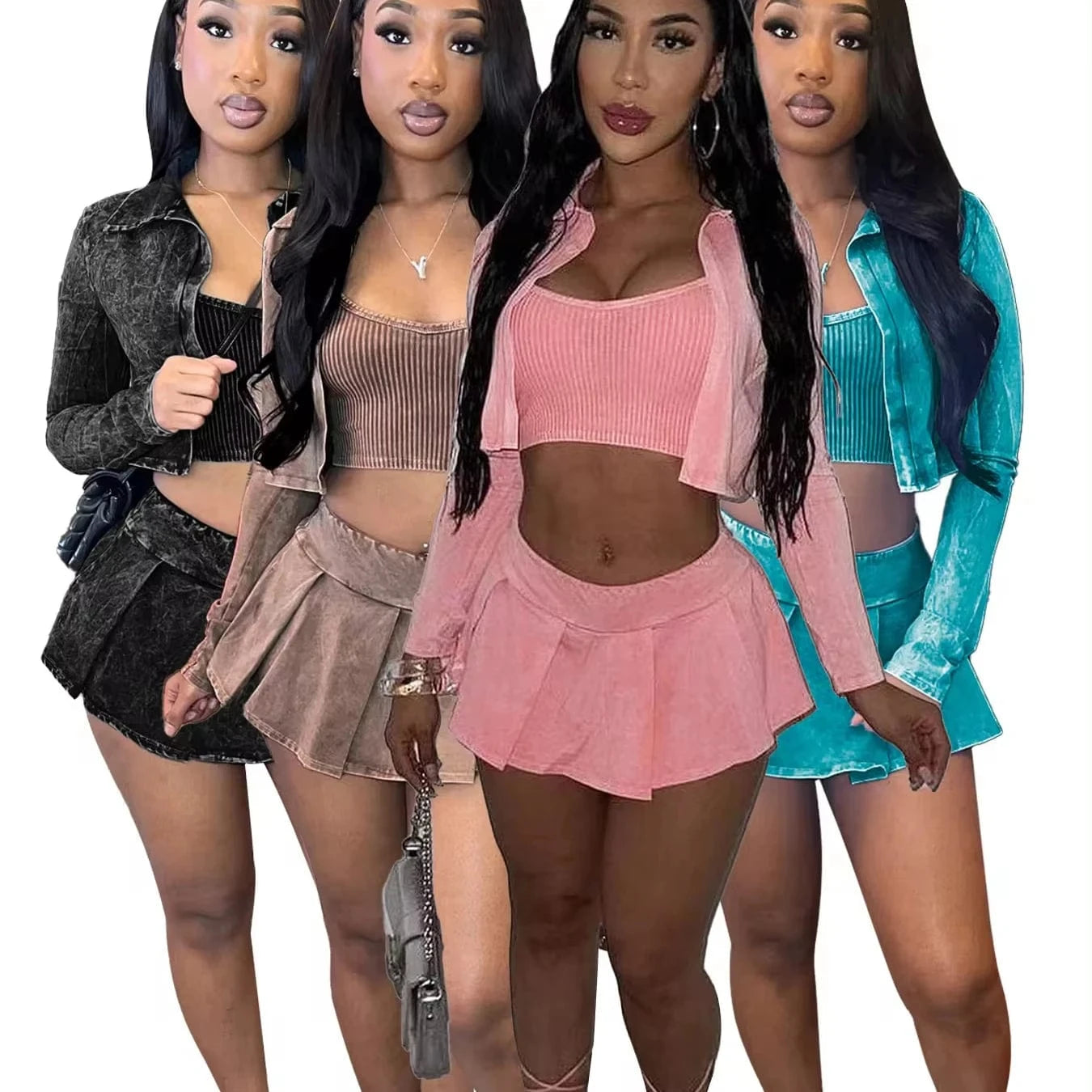 Women's Washed Jack Vest Pleated Mini Skirt 3 Three Piece Outfit Ash Wash High Quality Acid Mineral Wash Sportswear Skirt Sets