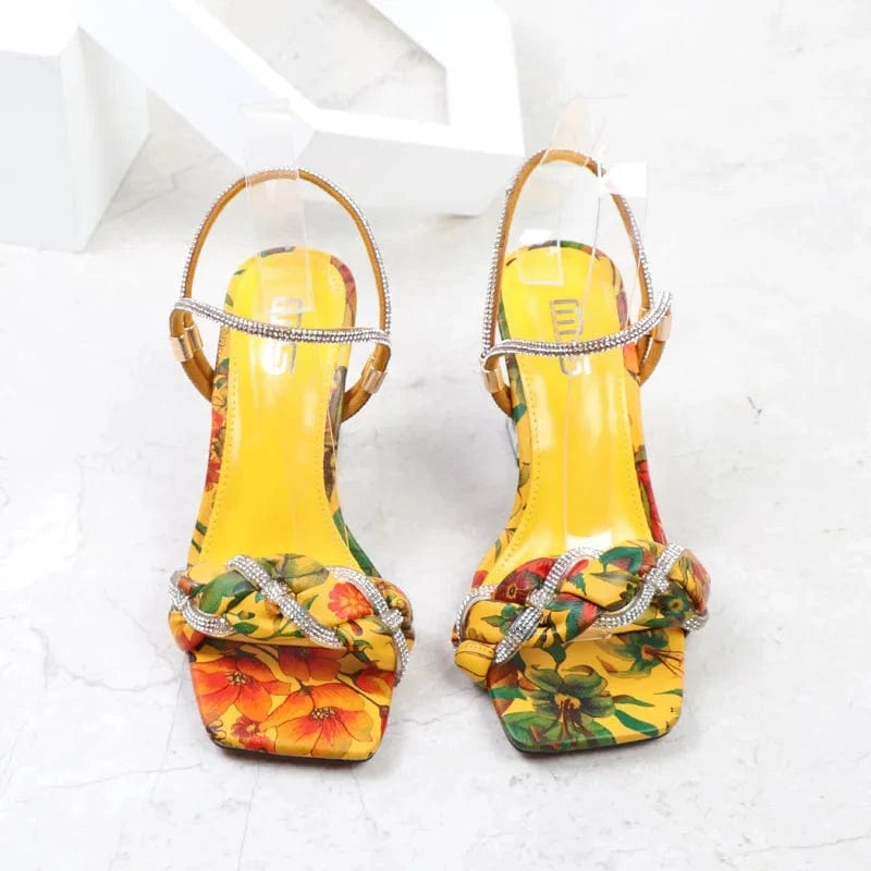 Women Sandals Summer Fashion Bohemian Style Floral Block Heel Sandals T-Strap Transparent High Heel Dress Shoes For Shopping