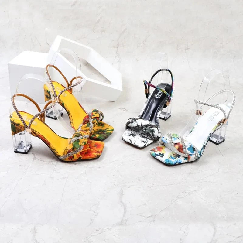 Women Sandals Summer Fashion Bohemian Style Floral Block Heel Sandals T-Strap Transparent High Heel Dress Shoes For Shopping