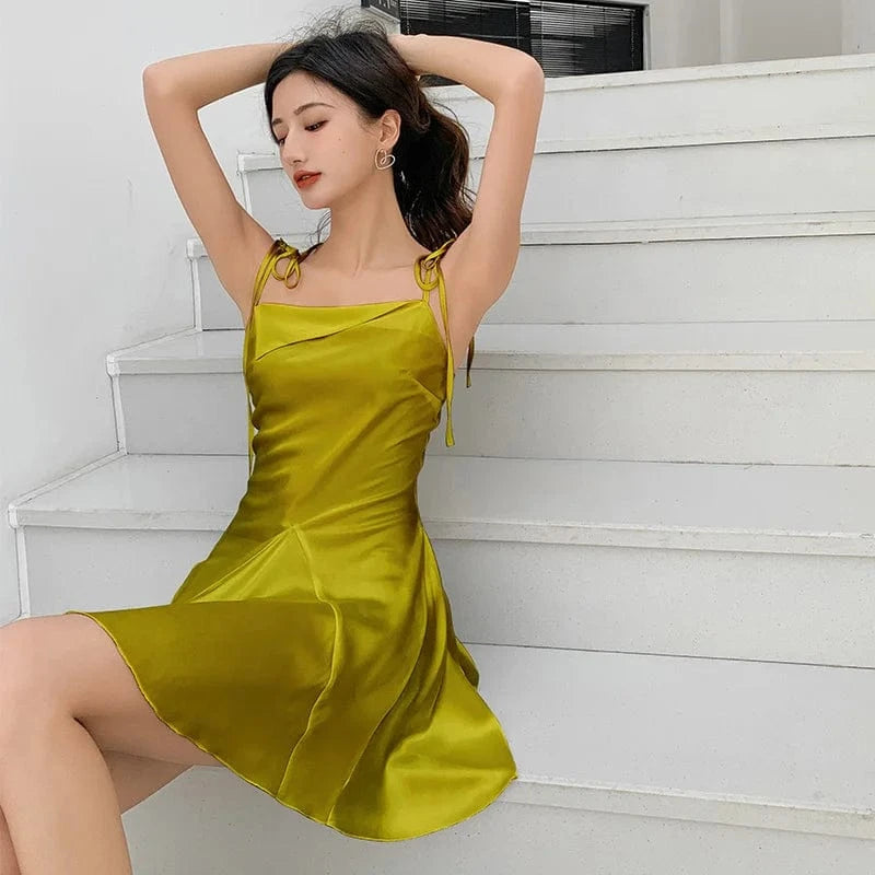 Women Satin Spaghetti Strap Layered Ruffle dress Backless Mini Cami sexy slip sexy nighty design night dresses for woman sexy