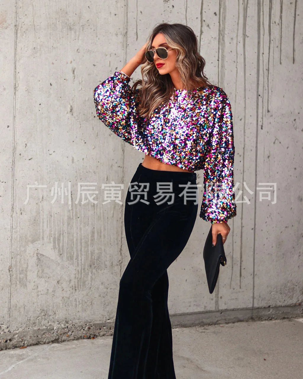 Women Sequin Top Round Neck Y2K Streetwear Disco Style - SN Wigs & More