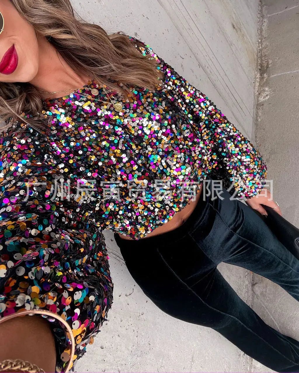 Women Sequin Top Round Neck Y2K Streetwear Disco Style - SN Wigs & More
