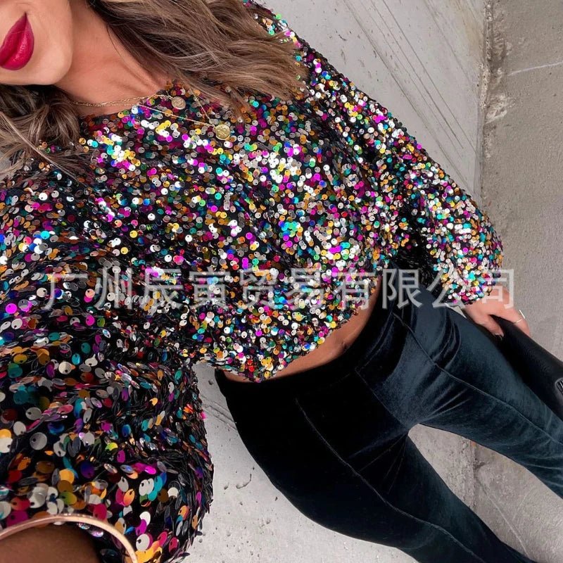 Women Sequin Top Round Neck Y2K Streetwear Disco Style - SN Wigs & More