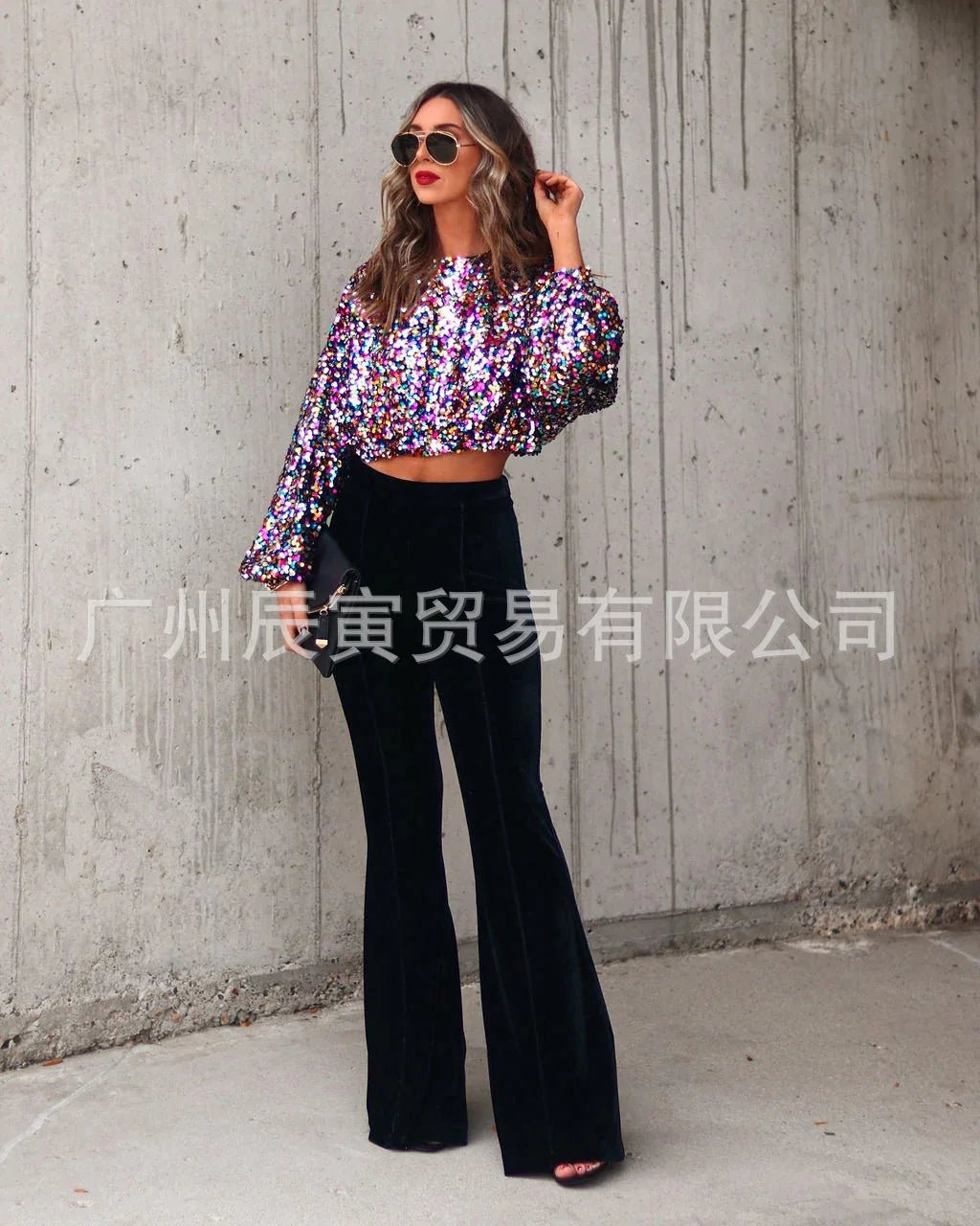 Women Sequin Top Round Neck Y2K Streetwear Disco Style - SN Wigs & More