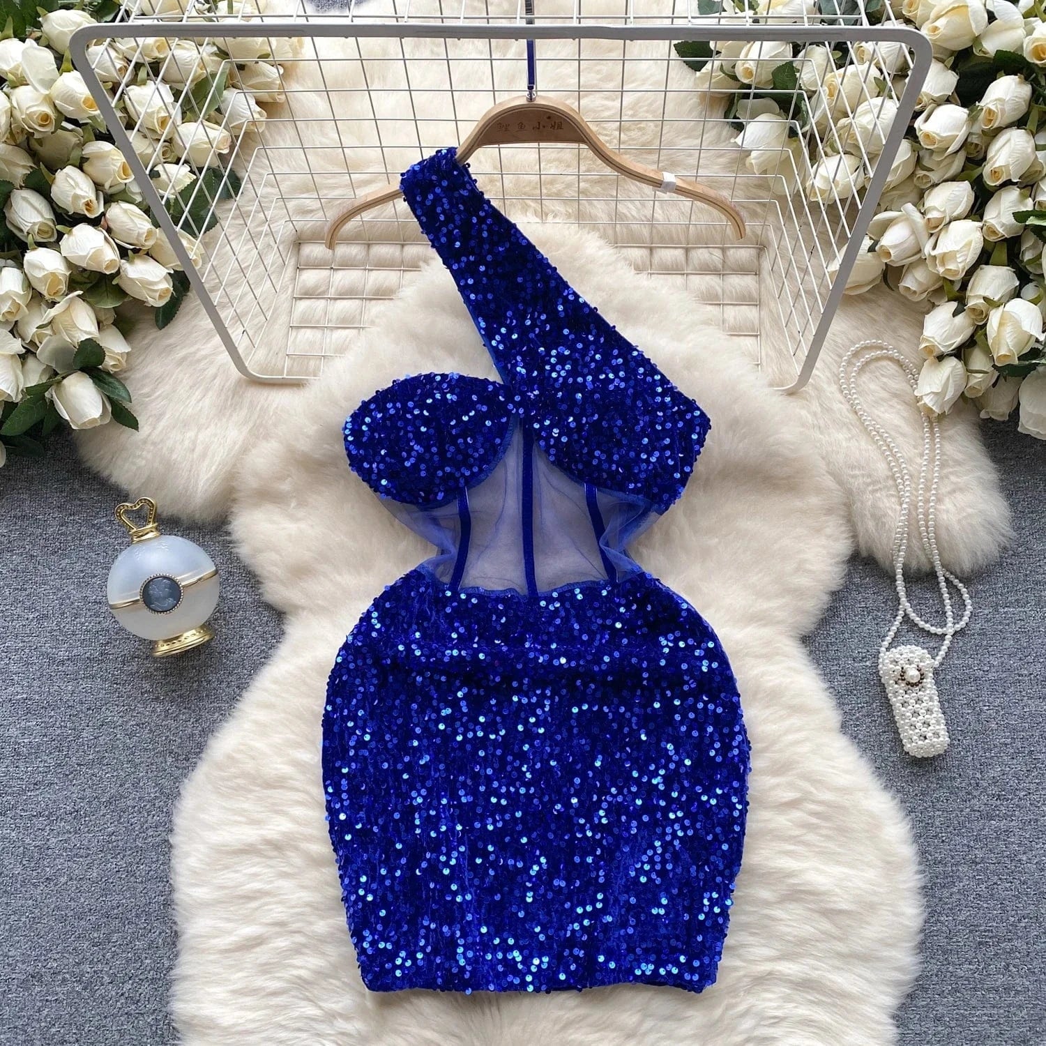 Women Sequined Halter Neck Sleeveless Bodycon Mesh Patchwork Mini Midi Dress 2024 Summer Sexy Club Party Evening Dresses