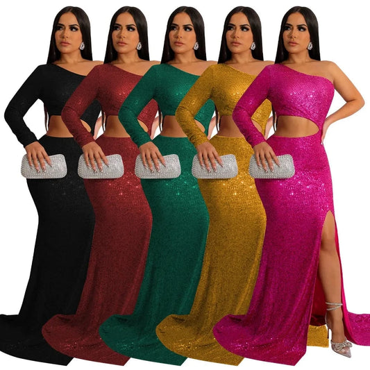 Women Sequined One Shoulder Long Sleeve Cutout Waist High Slit Maxi Long Bodycon Midi Dress 2023 Evening Party Dresses