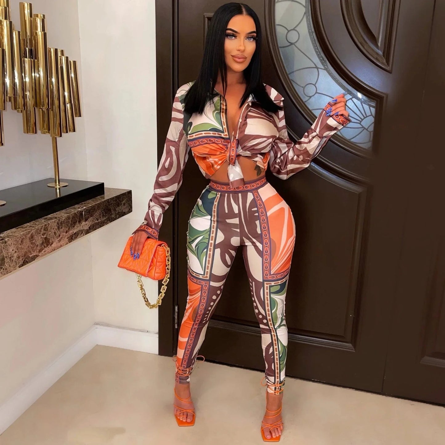 Women Set Printing Shirt 2 Pieces Set Casual Long Sleeves Button Tied Outfit Sets for Fall 2022 Women Clothes