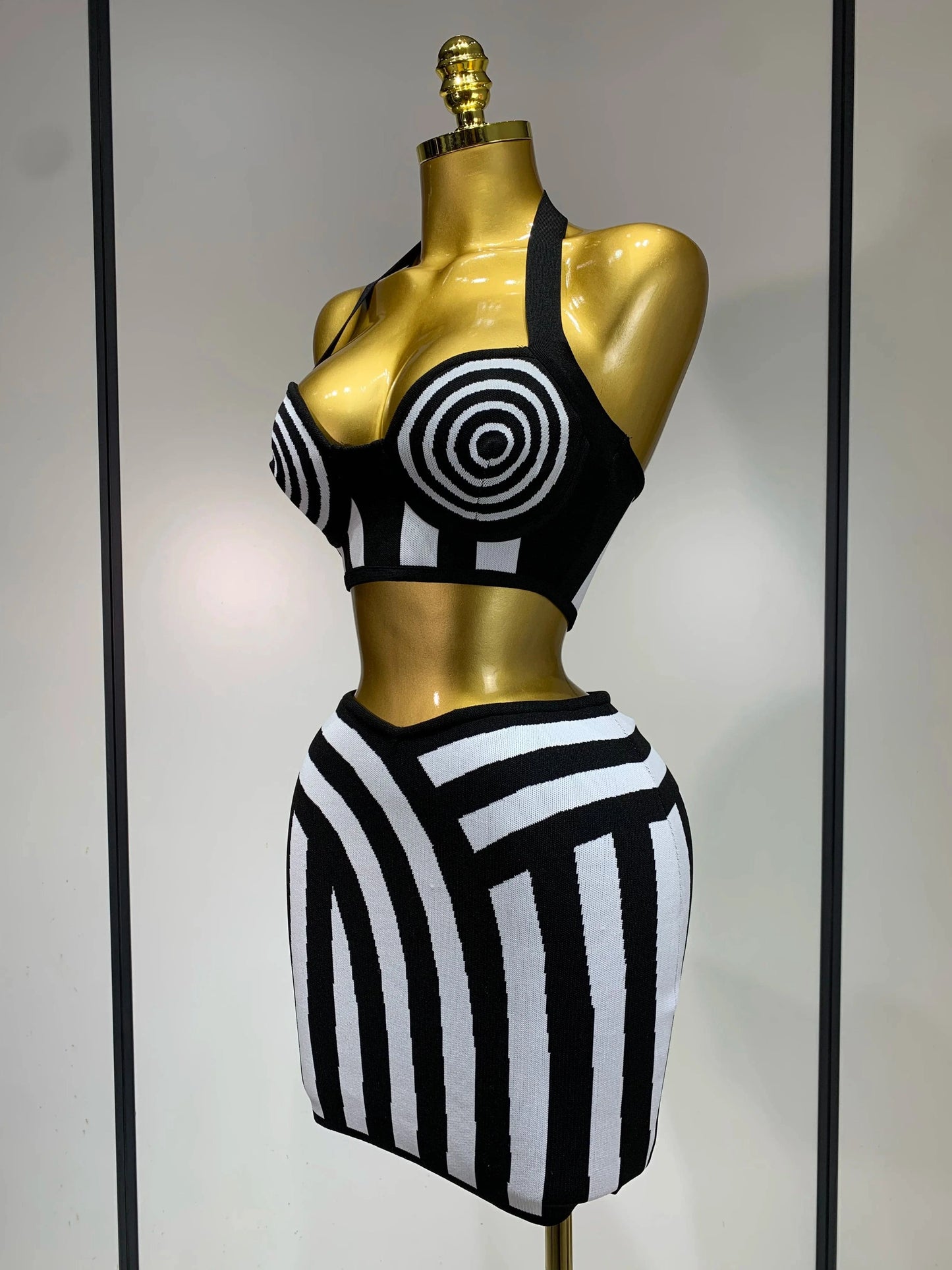 Women Sexy Backless Halter Striped Bandage Skirt Two Piece Set 2025 Knitted Celebrity Elegant Evening Birthday Party Dresses