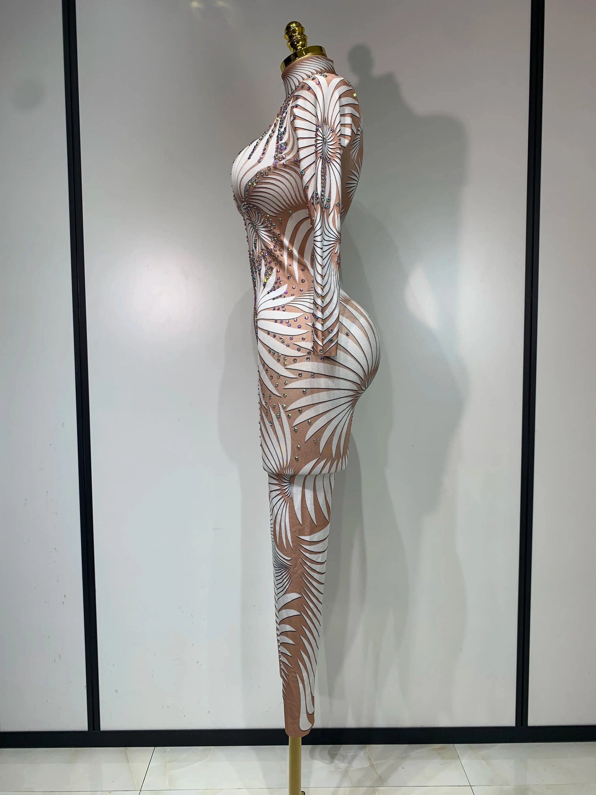 Women Sexy High Stretch Jumpsuit Long Sleeeve Holiday Party Cosplay Costume Nightclub Dancer Outfit Sparkly Diamond Stage Wear