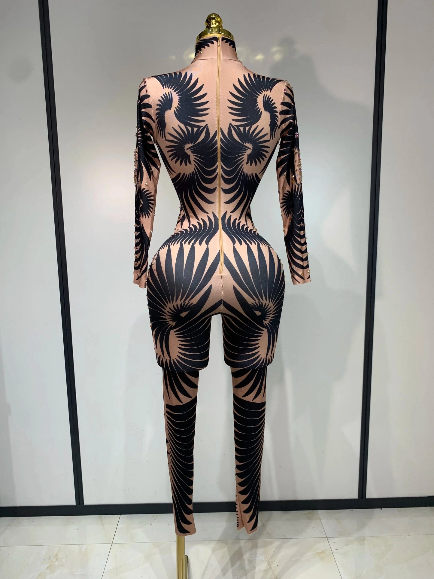 Women Sexy High Stretch Jumpsuit Long Sleeeve Holiday Party Cosplay Costume Nightclub Dancer Outfit Sparkly Diamond Stage Wear