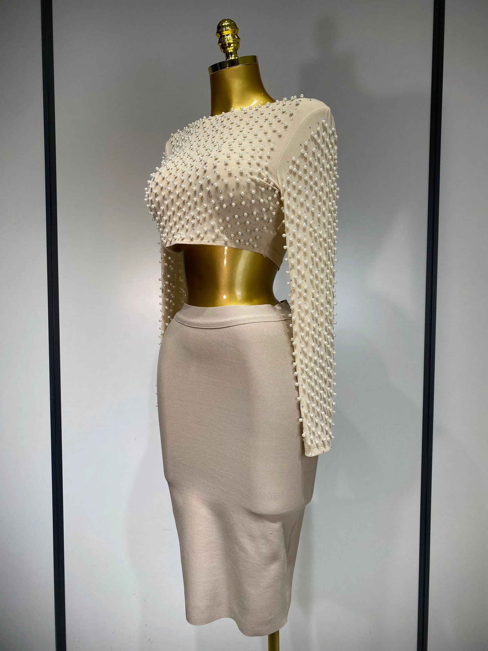 Women Sexy Long Sleeve Mesh Pearl Top Celebrity Midi Women Bandage Set 2025 Designer Evening Party Luxury Birthday Two Piece Set