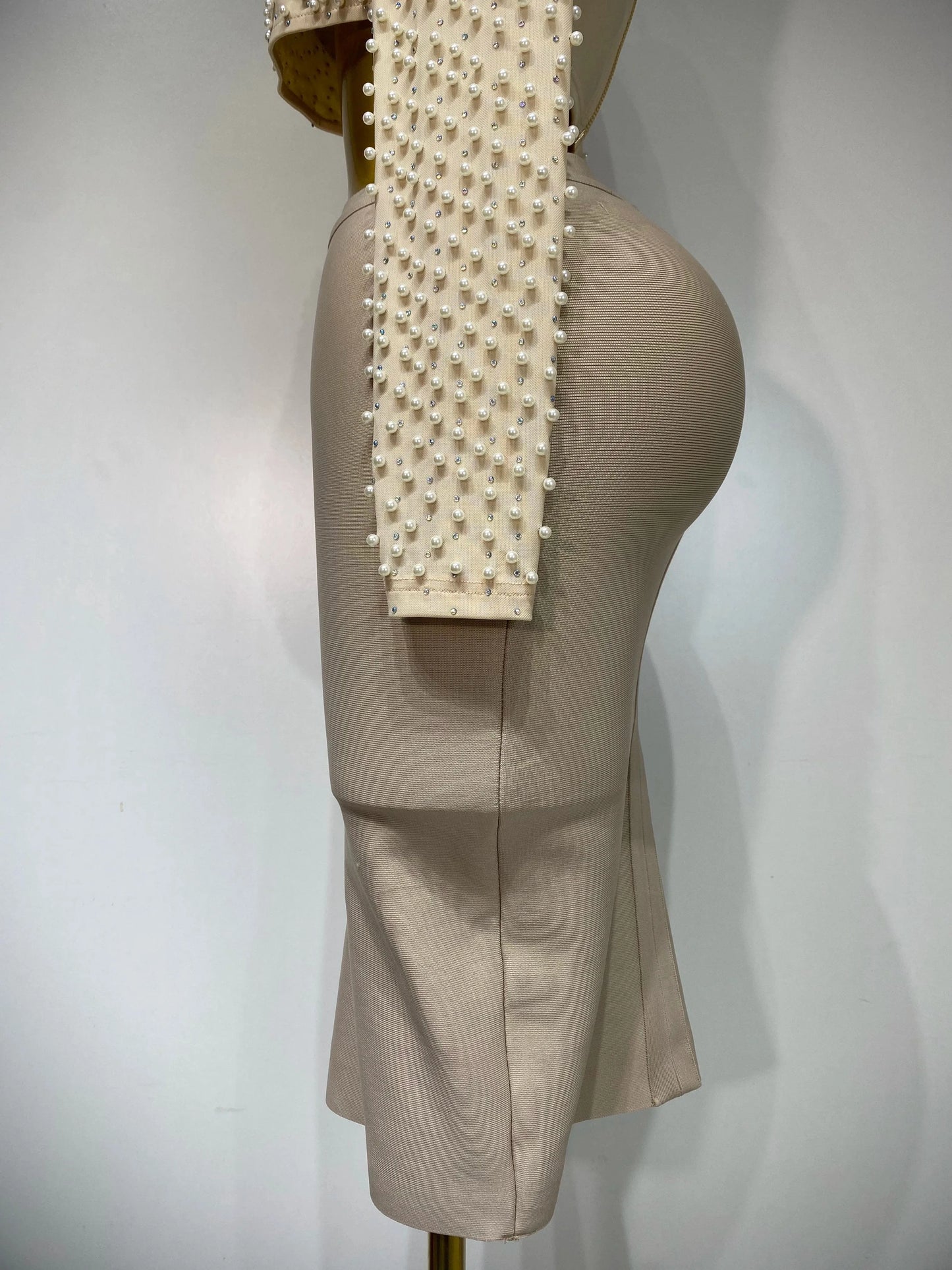 Women Sexy Long Sleeve Mesh Pearl Top Celebrity Midi Women Bandage Set 2025 Designer Evening Party Luxury Birthday Two Piece Set