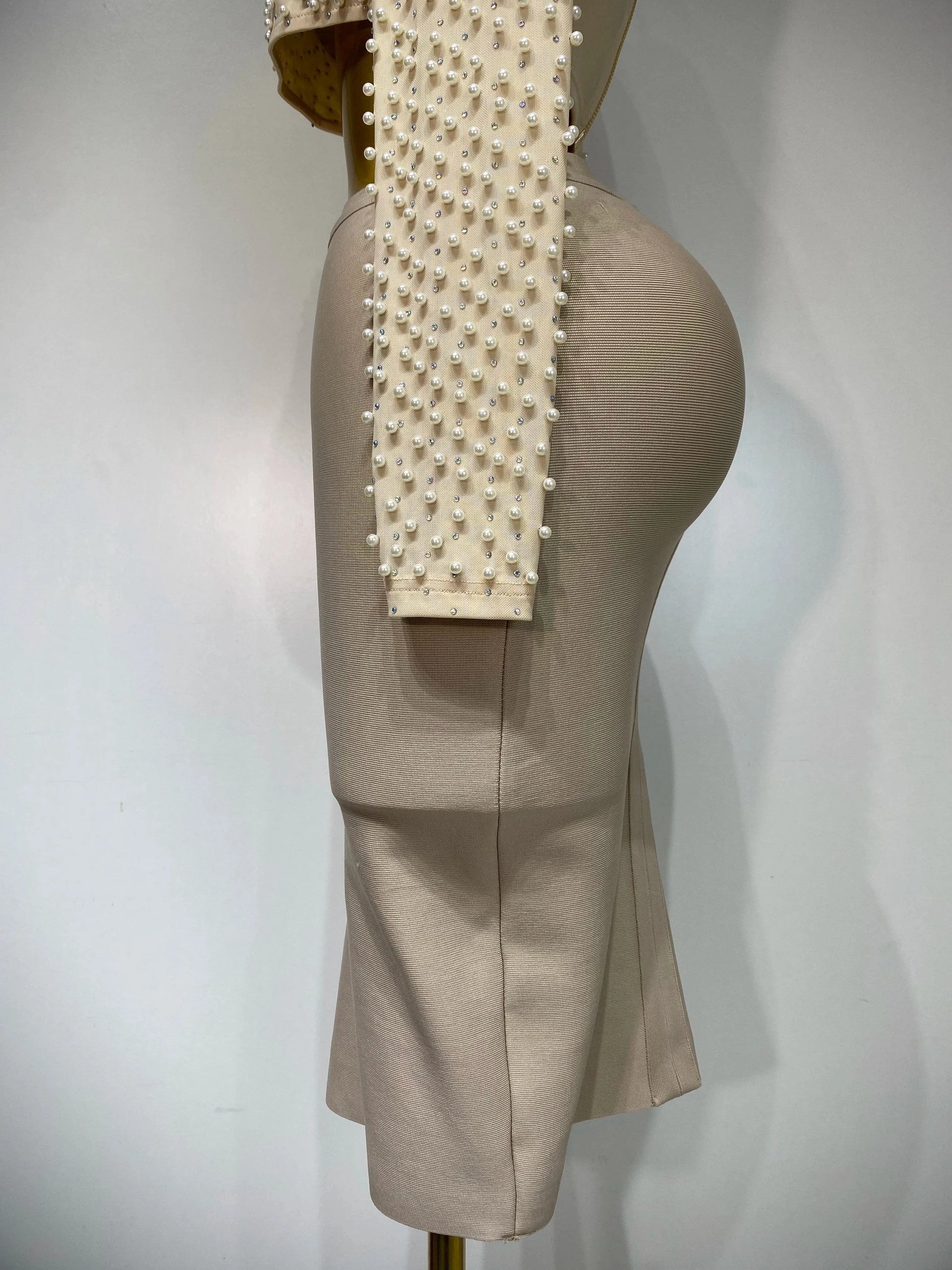 Women Sexy Long Sleeve Mesh Pearl Top Celebrity Midi Women Bandage Set 2025 Designer Evening Party Luxury Birthday Two Piece Set