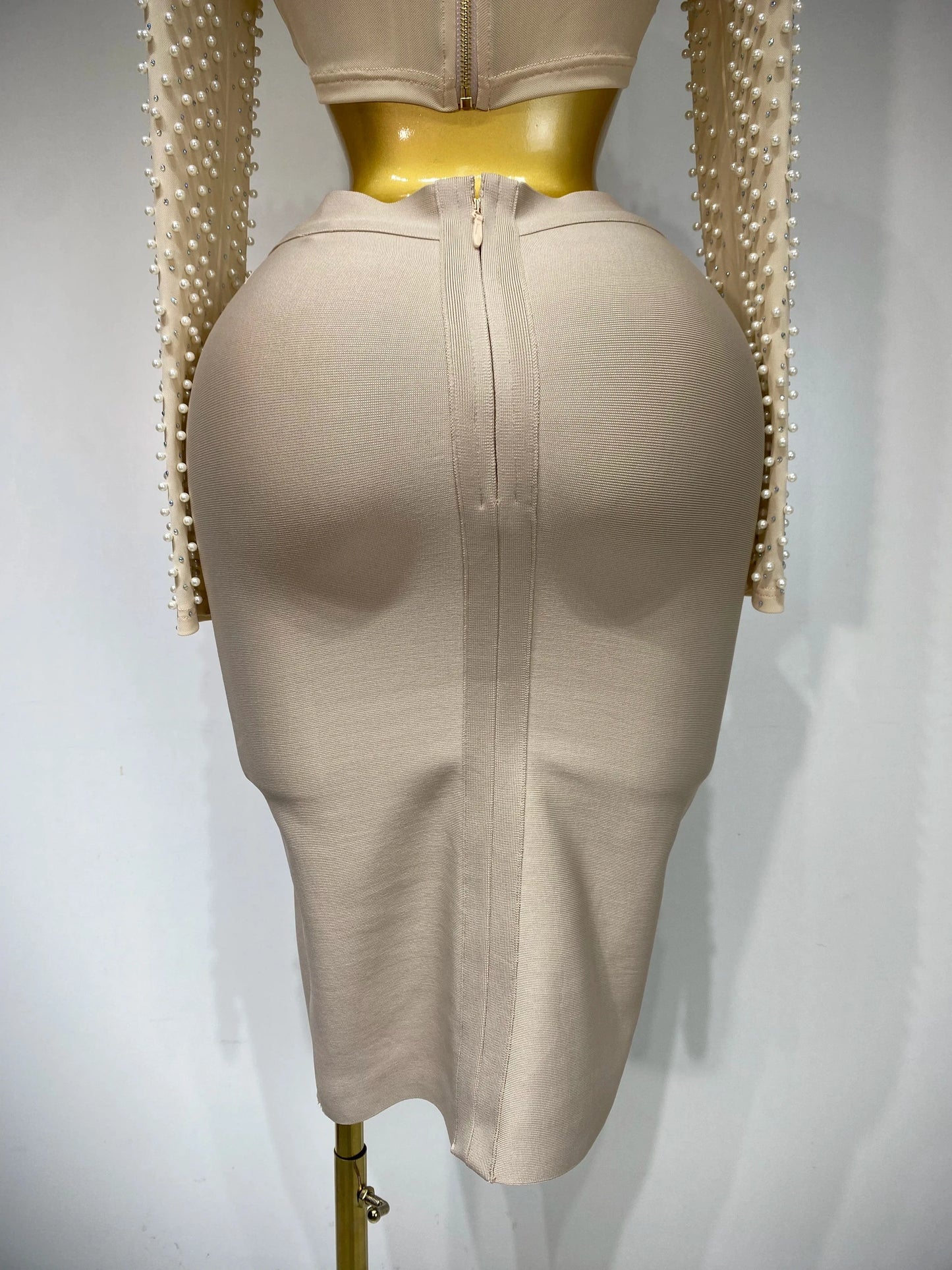 Women Sexy Long Sleeve Mesh Pearl Top Celebrity Midi Women Bandage Set 2025 Designer Evening Party Luxury Birthday Two Piece Set