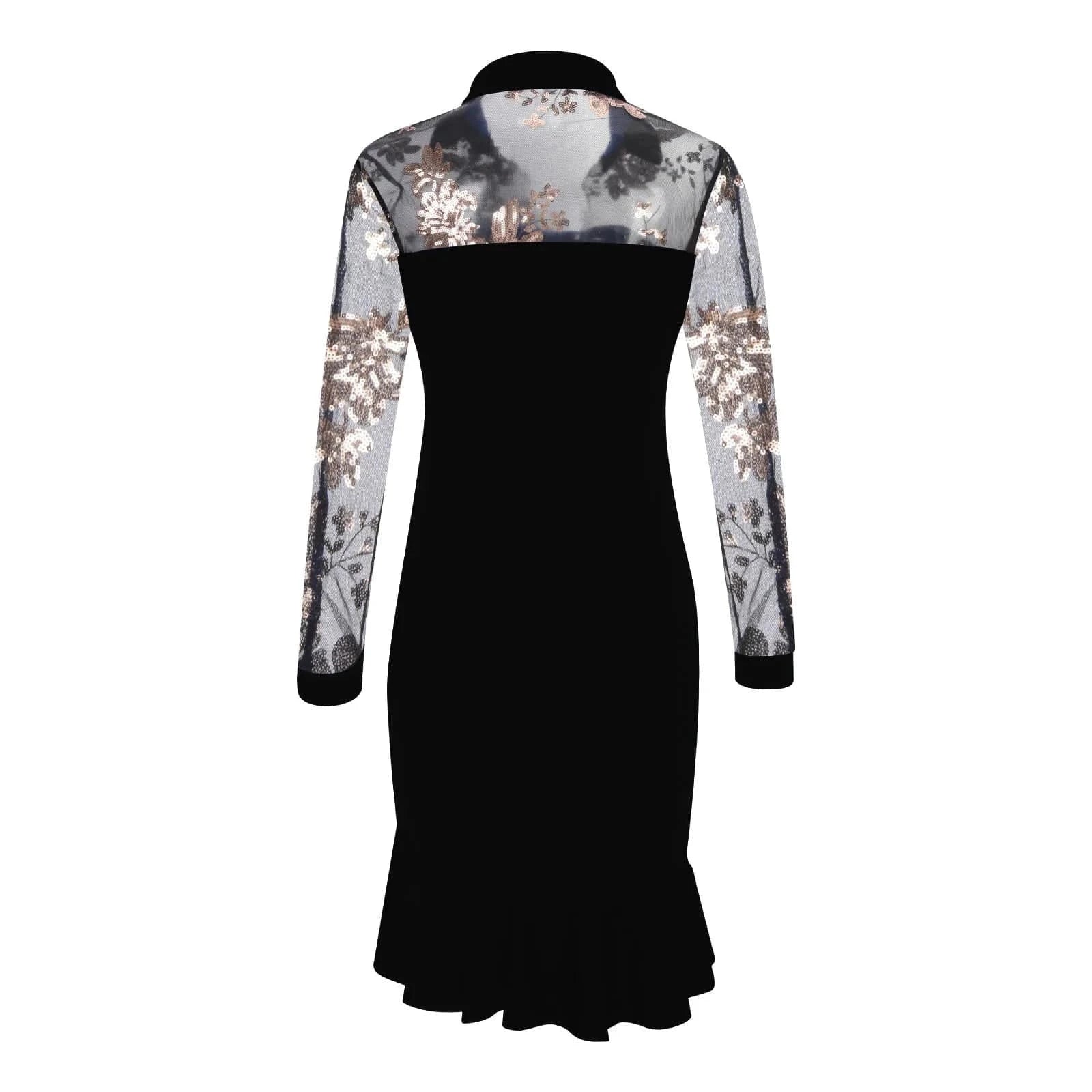 Women Sexy See-Through Mesh Dress Patchwork Ruffles Floral Dress Long Sleeve Party Slim Dress Elegent Daily Wear