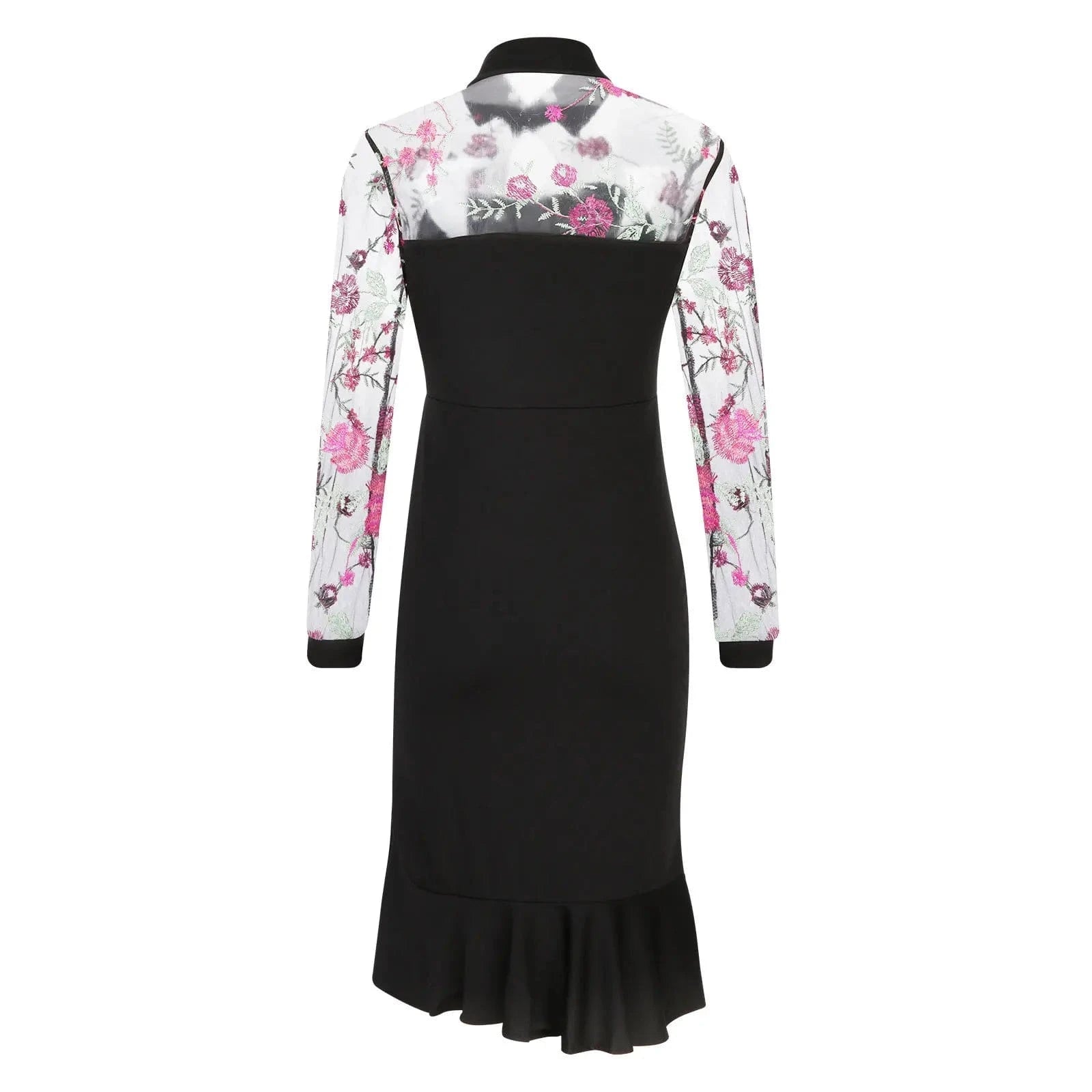 Women Sexy See-Through Mesh Dress Patchwork Ruffles Floral Dress Long Sleeve Party Slim Dress Elegent Daily Wear