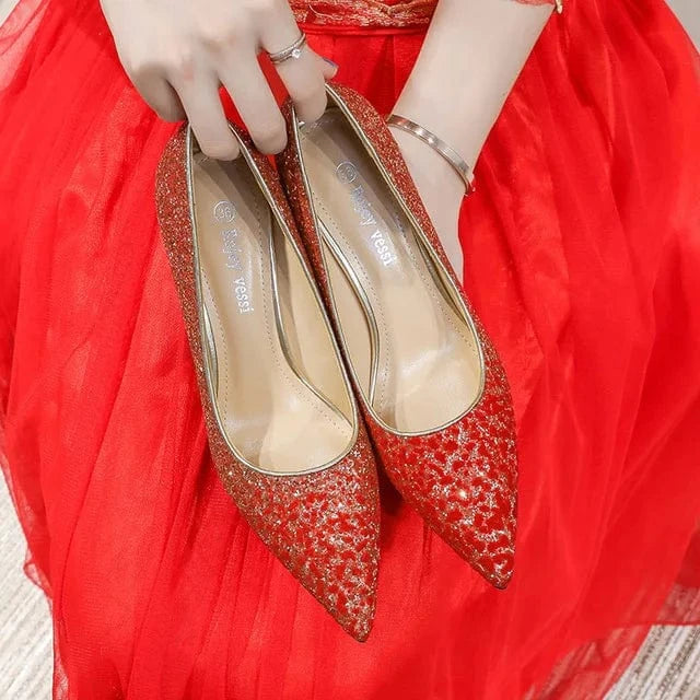 Women Sexy Sequined Stiletto Pointed Toe High Heels New Fashion Ladies Bridal Wedding Shoes Red Pump Heels